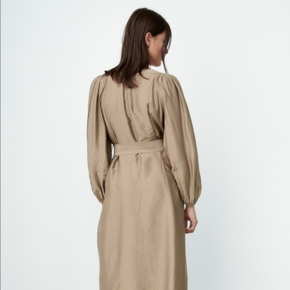 Zara NWT 🏷️ Khaki A-Line Dress With Belt Long Sleeves Room To Move XL - Picture 5 of 11